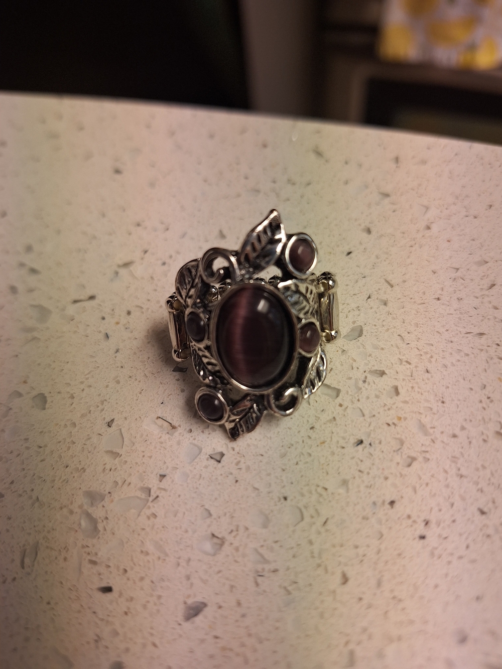 Silver-Tone Leaf Ring with Purple Cat's Eye Stone